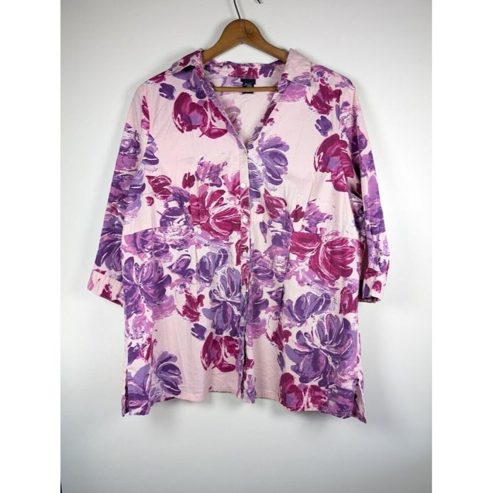 Basic Editions Button Up Top Women 3X Floral Cottagecore Tunic 3/4 Sleeve Mature